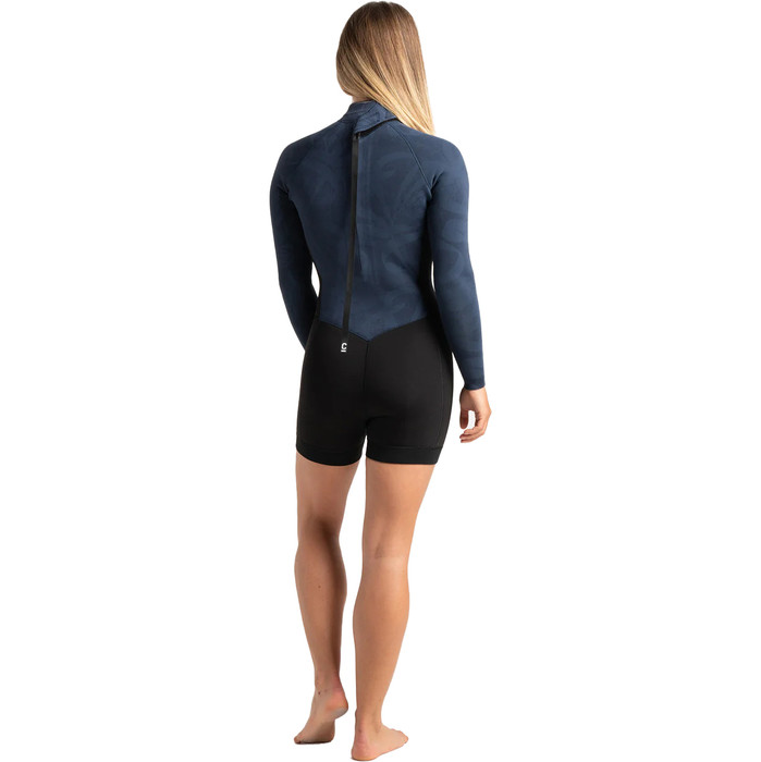 2024 C-Skins Womens Solace 3/2mm Long Sleeve Back Zip Shorty Wetsuit C-SO32BLSP - Black / Bluestone Tropical / Saffron